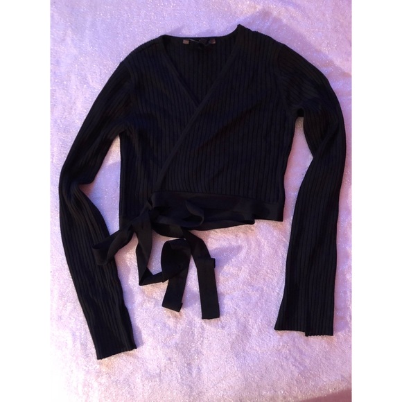 BCBG MaxAzria Knit Wrap Ribbed Crop Top in Black - Picture 4 of 8